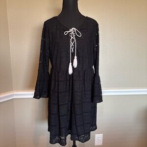 Entro Black Lace Boho Peasant Dress Bell Sleeve Lace-Up Tassel Size L